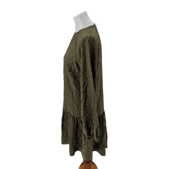 Pieces Loose-Fit Textured Olive Green Long Sleeve Dress W/ Button Back S - Picture 4 of 10